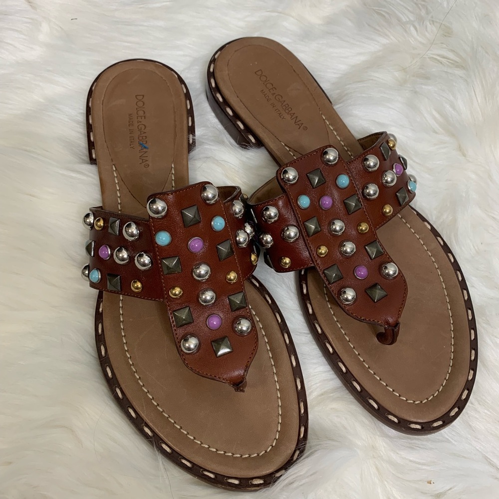 Dolce & Gabbana Calfskin Leather Gem Flip Flops - Picture 2 of 8